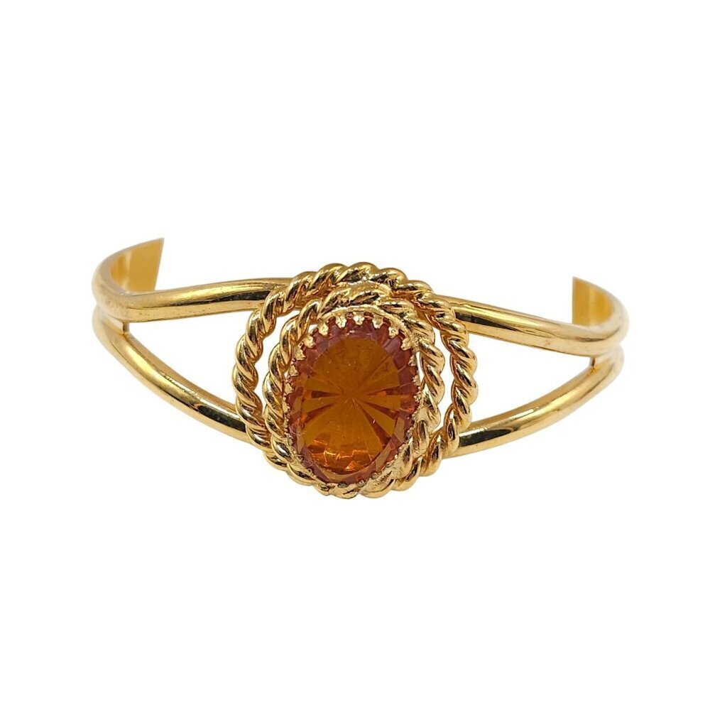Vintage Gold Tone Cuff Bracelet With Amber Colored Glass Stone Rope Design